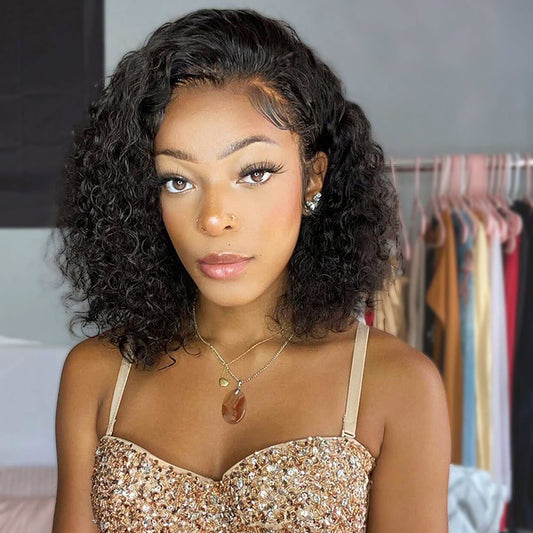 TedHair 14 inches Curly Bob 13"x4" Frontal Lace Wig Invisible Knots Brazilian Human Virgin Hair 150% Density