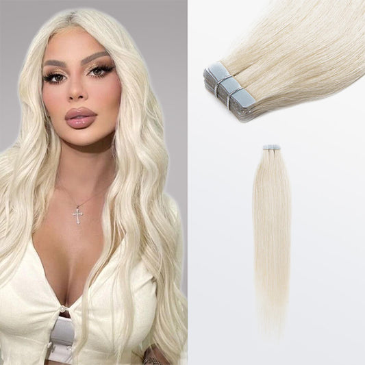 TedHair Premium Quality Straight Tape In Remy Hair Extensions #60 White Blonde