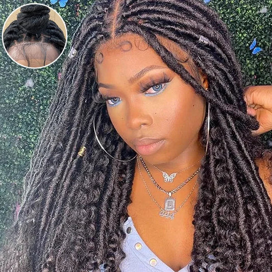 Tedhair 26 Inches 4x4 Faux Goddess Locs with Curls Braids Lace Closure Wigs 200% Density-100% Handmade