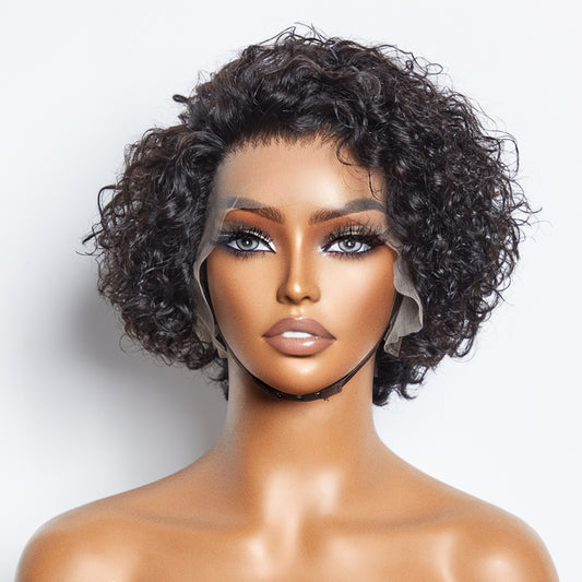 TedHair 8 inch Short Curly Pixie Cut 13"x4" Frontal Lace Wig Pre-Bleached Knots Brazilian Human Virgin Hair 150% Density