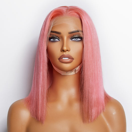 Tedhair 10 Inches & 14 Inches Pre-Plucked 13"x4" #Pink Straight Bob Lace Frontal Wig 150% Density-100% Human Hair