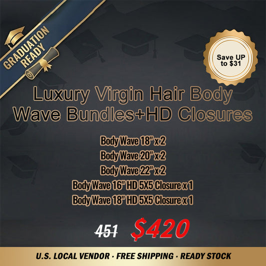 2026 Graduation Season Package Deal ｜8pcs Luxury Virgin Hair Body Wave Bundles + HD Closures $420 #1B Natural Black