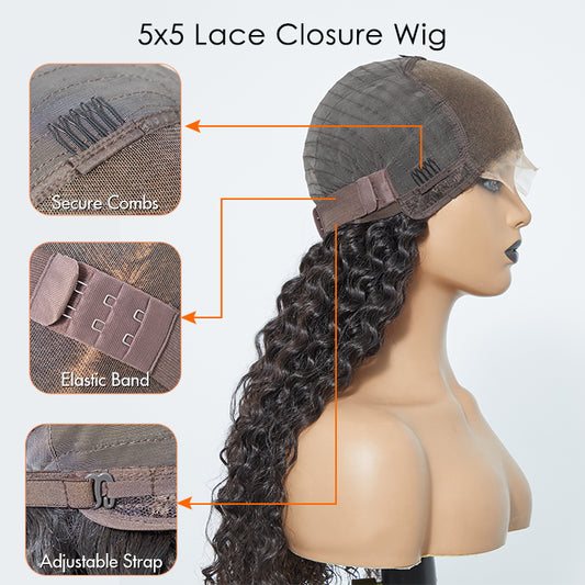 TedHair 180% Density 5x5 Glueless Lace Closure Wig Deep Wave