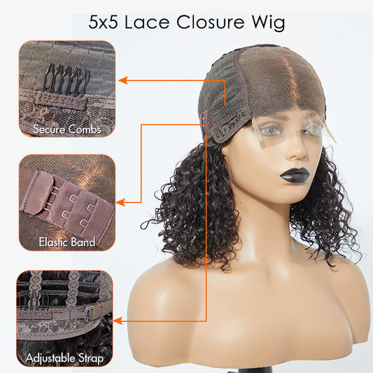 TedHair 150% Density 5x5 Glueless Lace Closure Bob Wig Water Wave